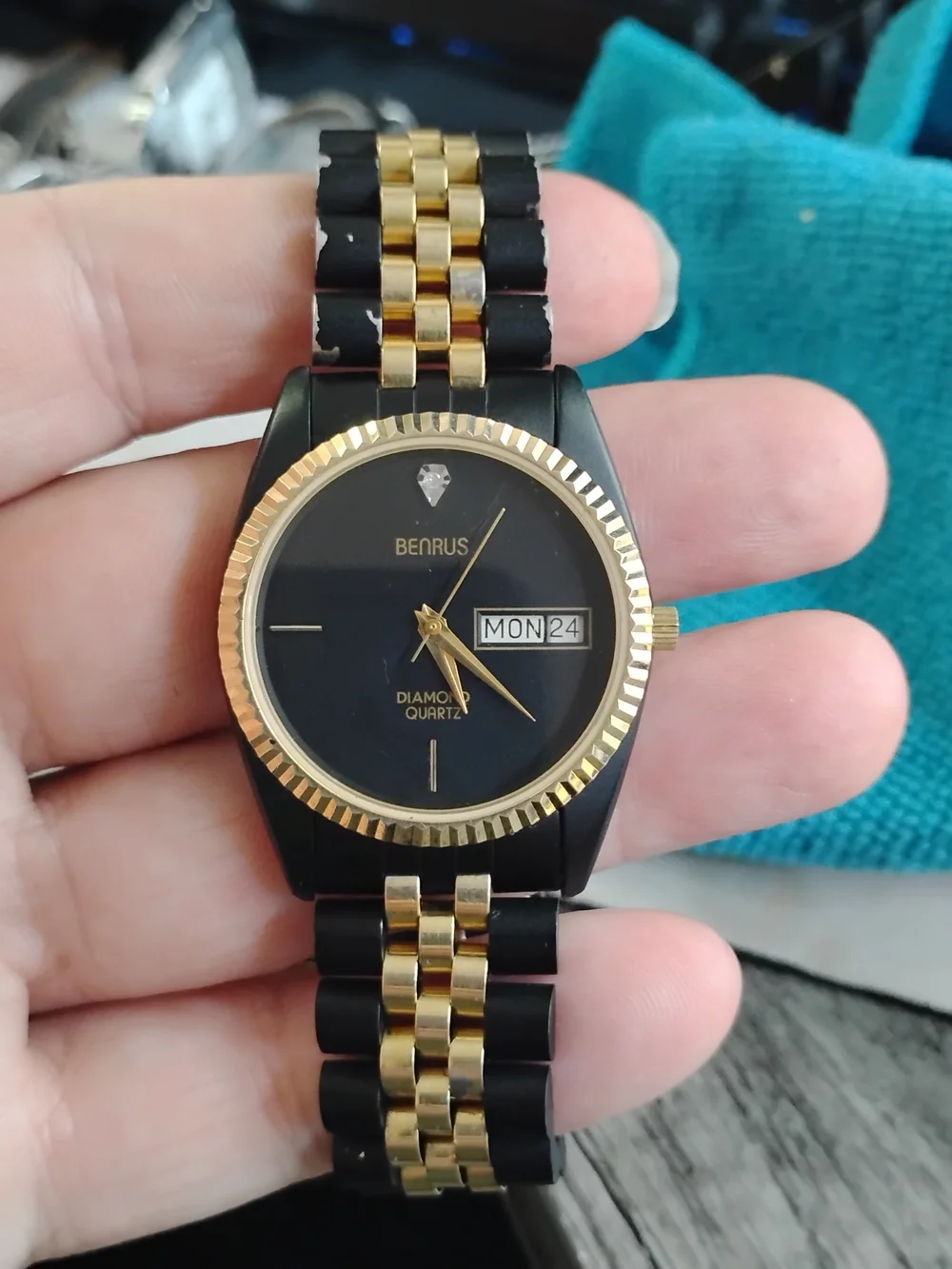 Men's Black and Gold Day-Date Diamond Quartz Watch